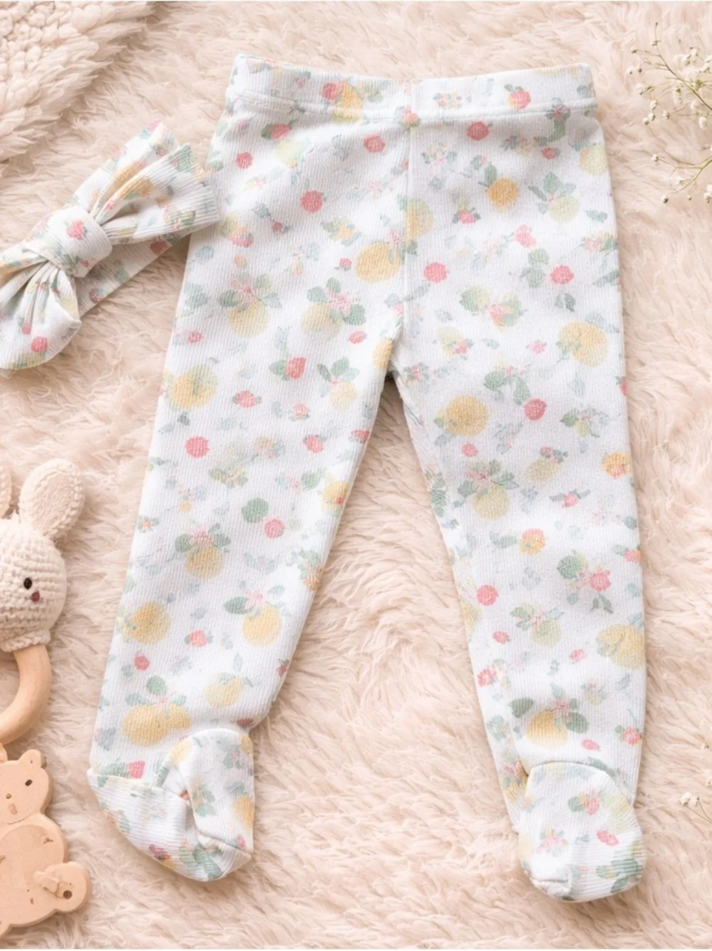 4/$20 Le Top Bebe Fruit and Floral Print Baby Girl 6-9M Footed Leggings with Bow